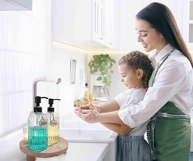 JASAI 2PACK 18Oz Simple Glass Soap Dispensers with Black Pump, Refillable Kitchen soap Dispenser with Vertical Stripe, Bathroom Soap Dispenser for Bathroom Hand soap, Dish Soap, Lotion.