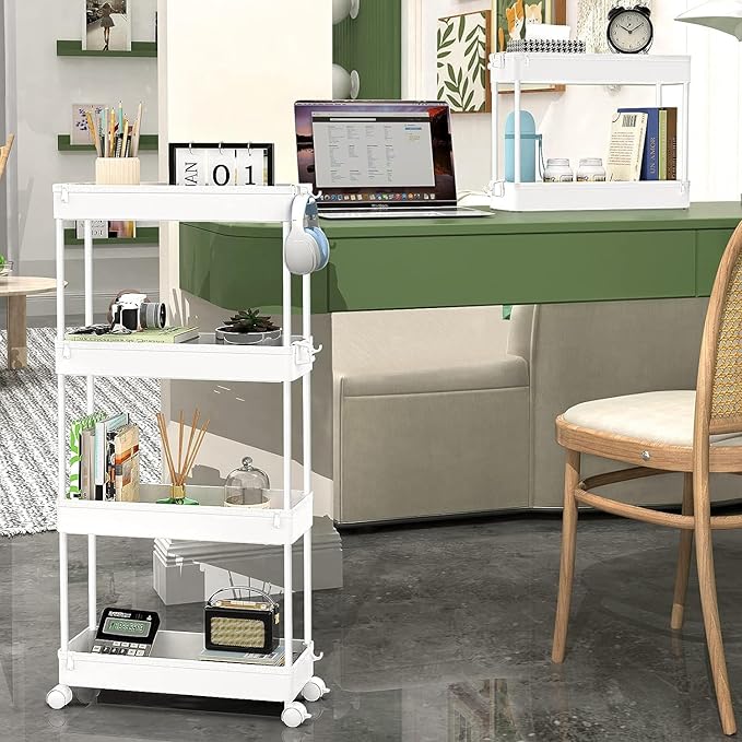 SPACEKEEPER Slim Rolling Storage Cart 4 Tier Bathroom Organizer Mobile Shelving Unit Utility Cart Tower Rack for Kitchen Laundry Narrow Places, White