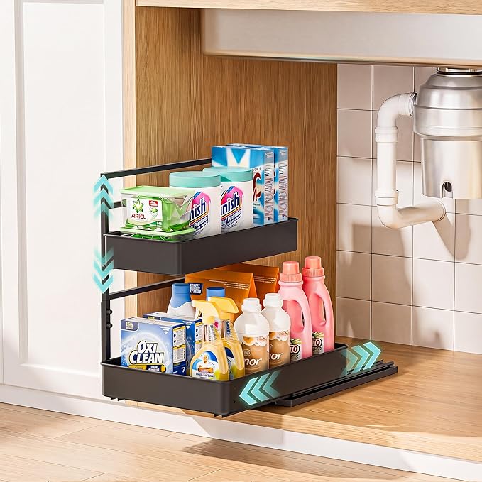 Metal Pull Out Slide Shelf Organizer for Under Sink Organization in Kitchen
