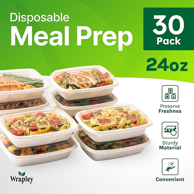 24oz Meal Prep Containers, Plastic Reusable Food Storage Containers with Airtight Lids, Microwave, Freezer and Dishwasher Safe, Sturdy, Food Safe White To Go Meal Boxes - 30 Pack