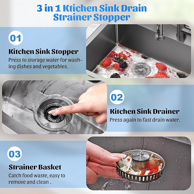 NinjaTiger Kitchen Sink Strainer - 3-in-1 Stainless Steel (3-1/2") Drainer