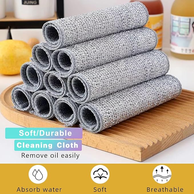 3 Pcs New Upgrade Non Scratch Wire Dishcloth, 2-Layer Super Absorbent Bamboo Charcoal Dish Cloths, Reusable Multipurpose Wire Dishwashing Rags for Wet and Dry for Dishes, Sinks, Stove
