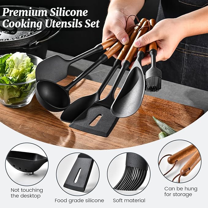 Silicone Cooking Utensils Set, 7PCS Silicone Kitchen Utensils with Wooden Handles, Heat Resistant Spatula Spoon Turner with Hanging Rope,Gadgets Utensil Set for Non-Stick Cookware BPA Free (Black)