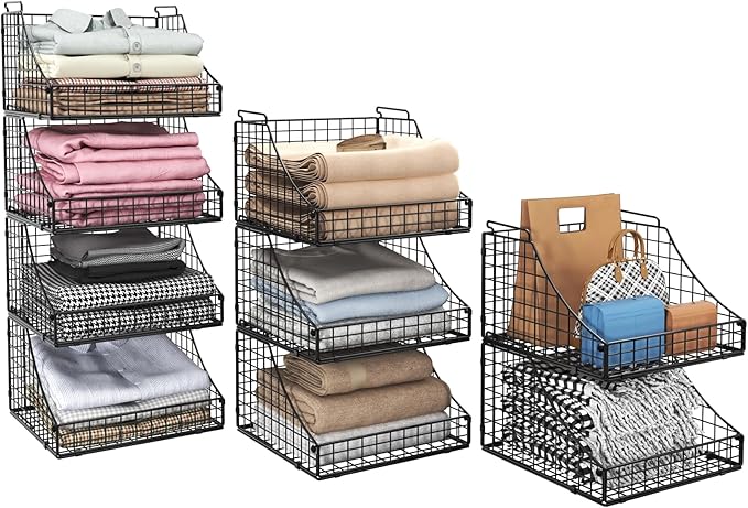Lyuwanxian 4-Pack Stackable Wire Baskets for Closet Organizers and Storage, Open Storage Bins for Clothes, Toys, and Snacks - Rustic Metal Closet Organizer and Shelves in Black