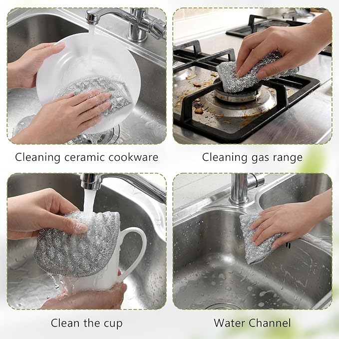 Thinp 8 Pcs Multipurpose Wire Dishwashing Rags for Wet and Dry, Double Side Non Scratch Wire Dishcloth Reusable Metal Dish Cloth Silver Mesh Dish Cloths for Kitchen Sink Cookware Stove Cleaning