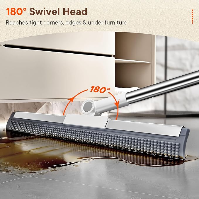 Floor Squeegee for Concrete Floors, 180° Rotating Silicone Broom, Squeegee for Floor with Long Handle and Dual-Sided Blade Design
