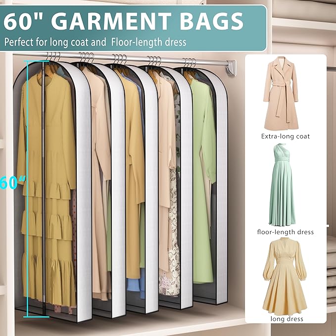 Liuoud 60” Garment Bags for Hanging Clothes 4” Gusseted - with Clear Window, Breathable Fabric, Metal Zipper, Suit Coat Long Dress Protector for Clothes Closet storage, Season Off, Moving, 5 Pack