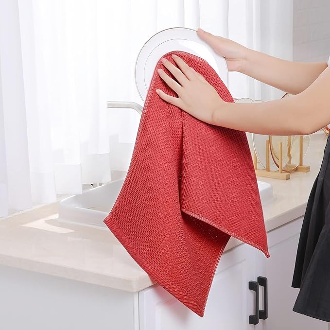 Homaxy 100% Cotton Waffle Weave Kitchen Dish Towels, Ultra Soft Absorbent Quick Drying Cleaning Towel, 13 x 28 Inches, 4-Pack, Brick Red