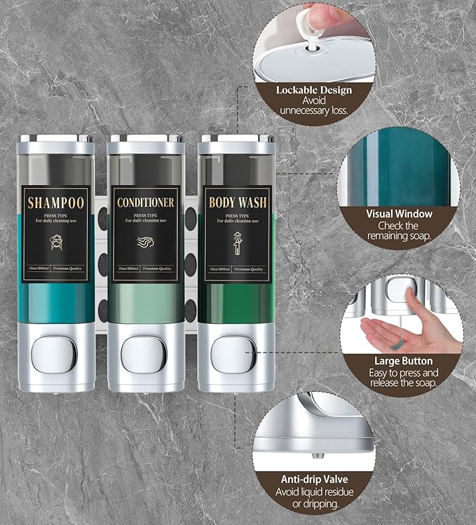 Luxspire Shampoo and Conditioner Dispenser, No Drill Wall Mounted Shower Soap Dispenser 3 Chamber with Waterproof Labels, Easy Refill Soap Dispenser for Bathroom Hotel Kitchen, Silver