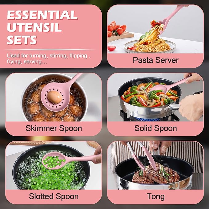 Homikit 15-Piece Kitchen Utensil Set, Silicone Cooking Utensils Spatula Set with Holder for Nonstick Cookware, Heat Resistant Kitchen Tools Gadgets for Cooking and Baking-Pink