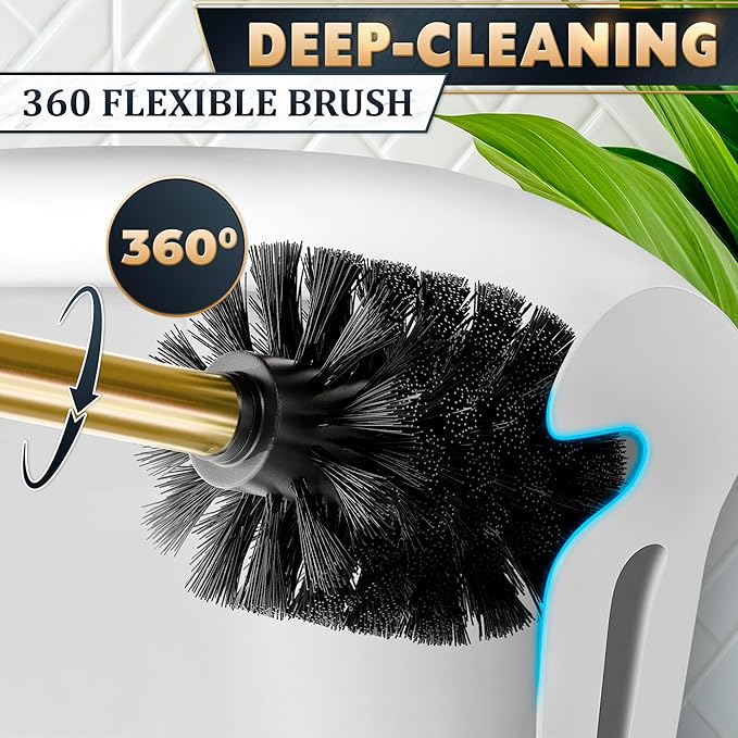 Stainless Steel Toilet Brush and Holder Set Gold & Square Design - Corrosion and Scratch-Resistant Gold Toilet Brush and Holder Set with Splash Protection - for Deep & Effective Bathroom Cleaning