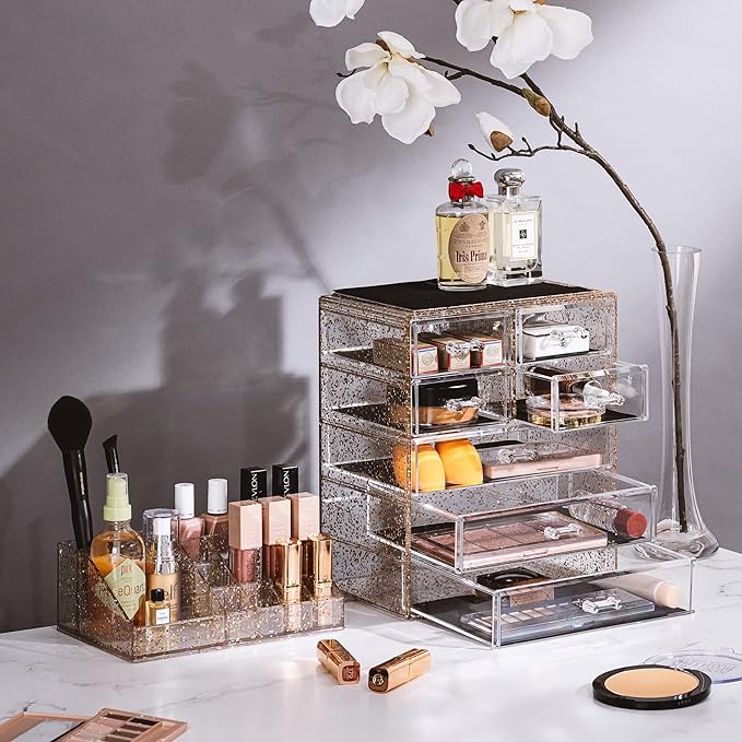 Sorbus Acrylic Makeup Organizer Set, 7-Drawer Vanity & Countertop Cosmetic Storage with Small & Wide Compartments, Glitter Makeup Storage for Brushes