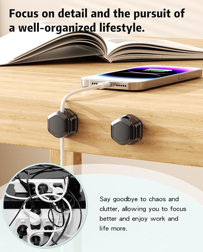 6 Pack Magnetic Cable Clips [Cable Smooth Adjustable] Cord Organizer - Cuworlis Adhesive Wire Holder, Under Desk Cord Holder Keeper for Home Office Desk Phone Car Wall Desktop Nightstand Cabinet