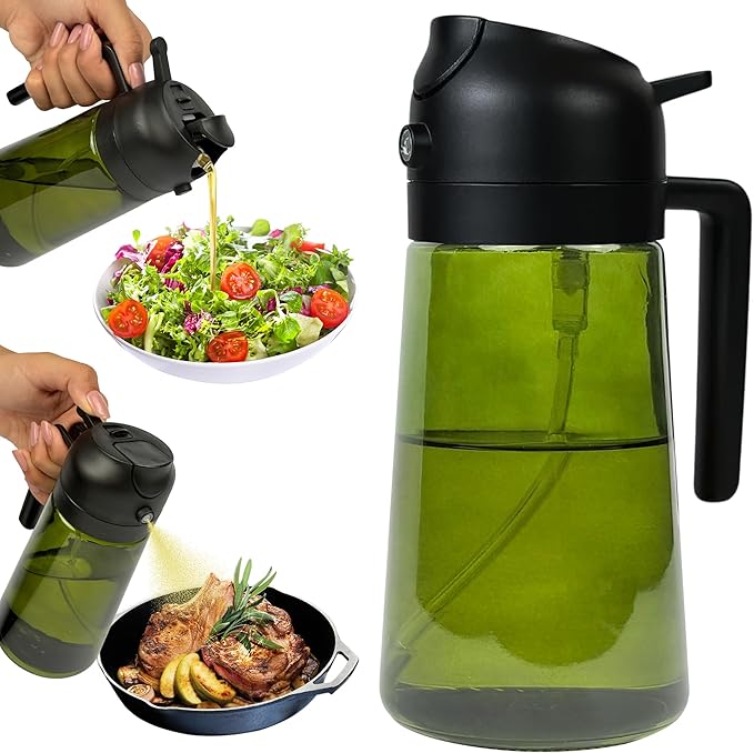 Oil Dispenser, 2 In 1 Cooking Oil Sprayer and Pourer, Non-Drip Spout for Kitchen Oil, Air Fryer, Salad, Grill, 16oz/470ml with Silicone-Encased Base (Black Cap, Green Bottle)
