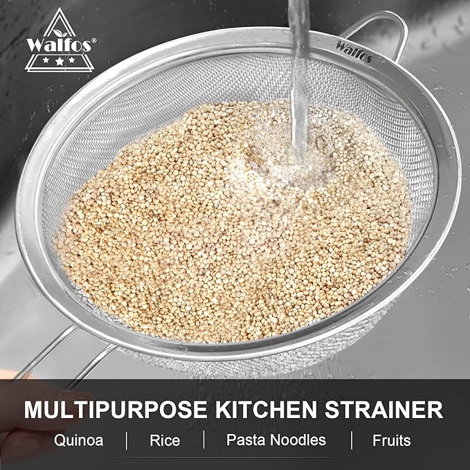 Walfos 6.95 Inch Fine Mesh Strainers, Premium Stainless Steel Colanders and Sifters, with Reinforced Frame and Sturdy Handle, Perfect for Sift, Strain, Drain and Rinse Vegetables, Pastas and Tea