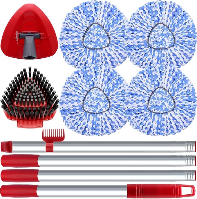 Fatmass Spin Mop Head and Brush Replacement Compatible with O Cedar RinseClean 2-Tank System, 4 Mop Replace Heads, 1 Handle, 1 Base and 1 Scrub Brush Combo Set