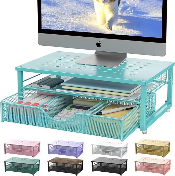 Computer Monitor Stand Riser, Office organizer with Drawer, Blue