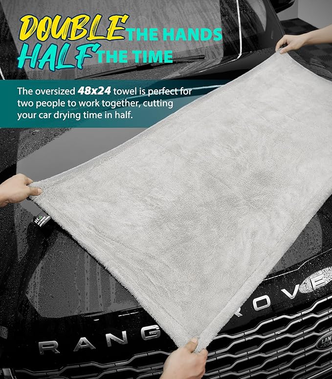 KKV Full-Sized SUV Drying Towel, 48”x24” Dual Sided Microfiber Car Cleaning Towel with Twisting Yarn Technique, 1400GSM Super Absorbent, Scratch-Free, Machine Washable (LightGrey-MarineBlue)
