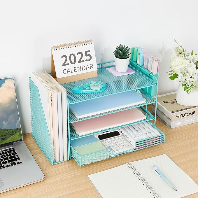 OPNICE Desk Organizer, 4-Tier Desktop File Organizer with Drawer and 2 Pen Holders, Office Desk Accessories, File Sorters
