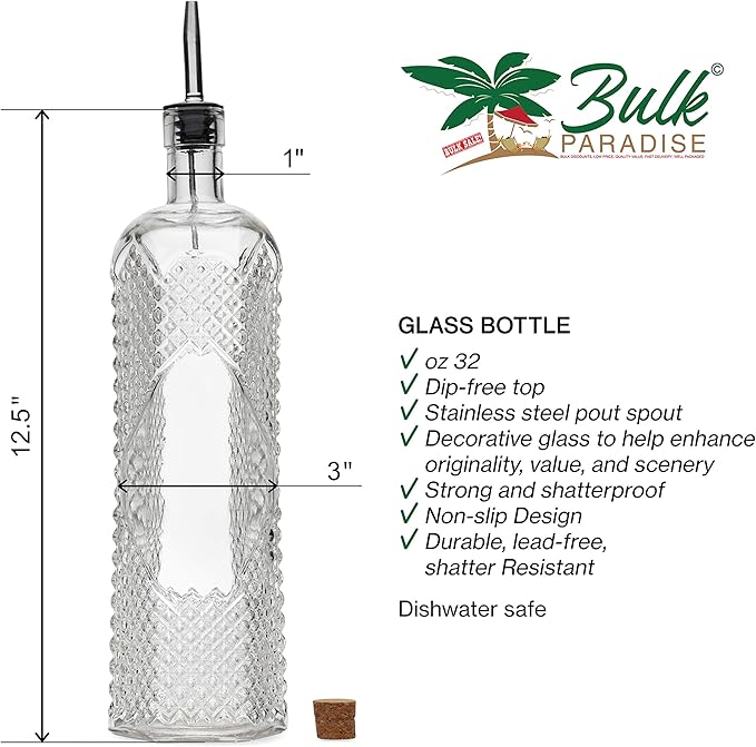 BULK PARADISE Large Clear Decorative Glass Bottle with Spout and Cork, 32oz, 1 Bottle - Design: Kristal (3in X 11.9in)