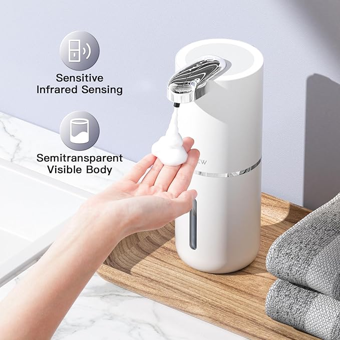 CHICLEW Automatic Foam Soap Dispenser 400ML, Rechargeable Liquid Hand Soap Dispensers Touchless with 4 Adjustable Levels, Motion Sensor Waterproof Wall Mount Foaming Soap Dispenser for Bathroom