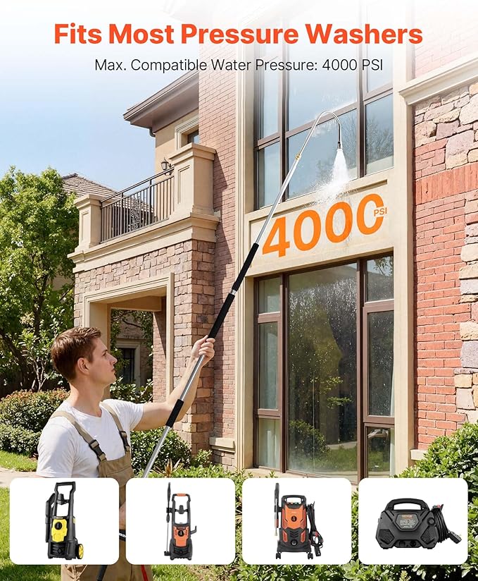 VEVOR 9 FT Pressure Washer Telescoping Wand, 3-Section with Power Washer Extension Wands, 7 Nozzles, Hose Adapter, Support Belt, Storage Bag