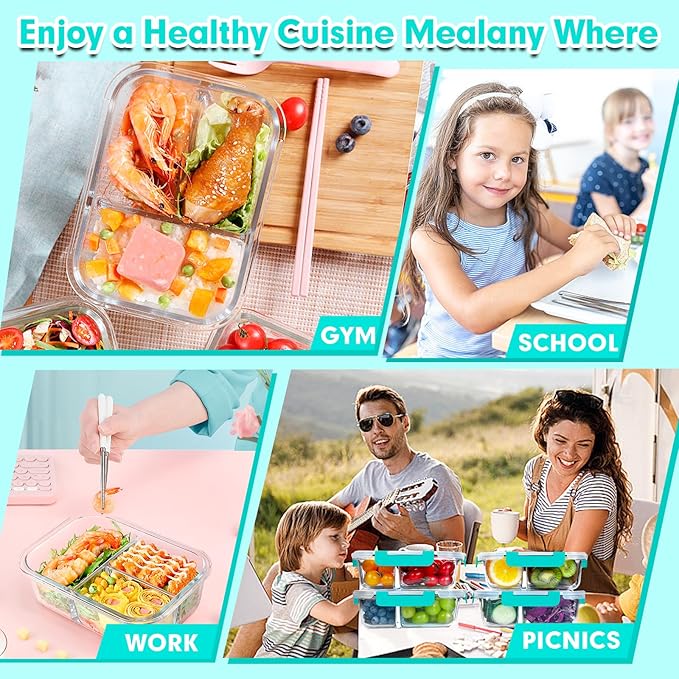 VERONES 5 Pack Glass Meal Prep Containers 3 Compartment Set, 36OZ Airtight Glass Lunch Containers, Glass Food Storage Containers with Lids