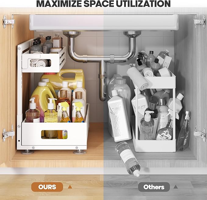 1 Pack Under Sink Organizer,Pull Out Cabinet Organizer with Smooth Cylindrical Rail,Metal Slide Out Drawer for Kitchen Bathroom Laundry Cabinet,8-Level Tool Free Height Adjustable-White