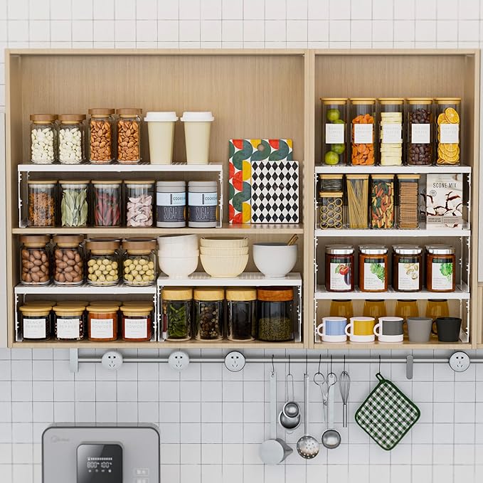 Stackable Expandable Metal Shelf Organizer - Adjustable Wire Storage Rack with Holes for Kitchen, Bathroom, Cabinet, Office - Space Saving, Durable & Sturdy Design（2PACKS/Large/White