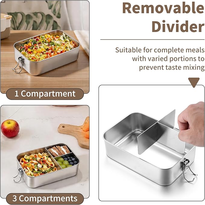 TeamFar 2 Pack Stainless Steel Bento Box, 47oz Metal Lunch Box with 3 Compartments for Adults/Kids, Lunch Food Containers for School/Work/Meal Prep