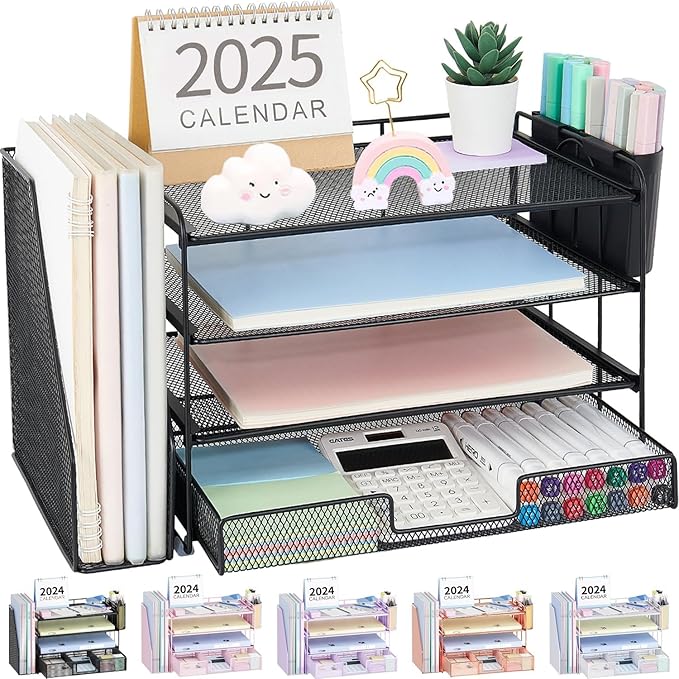 OPNICE Desk Organizer, 4-Tier Desktop File Organizer with Drawer and 2 Pen Holders, Office Desk Accessories, File Sorters