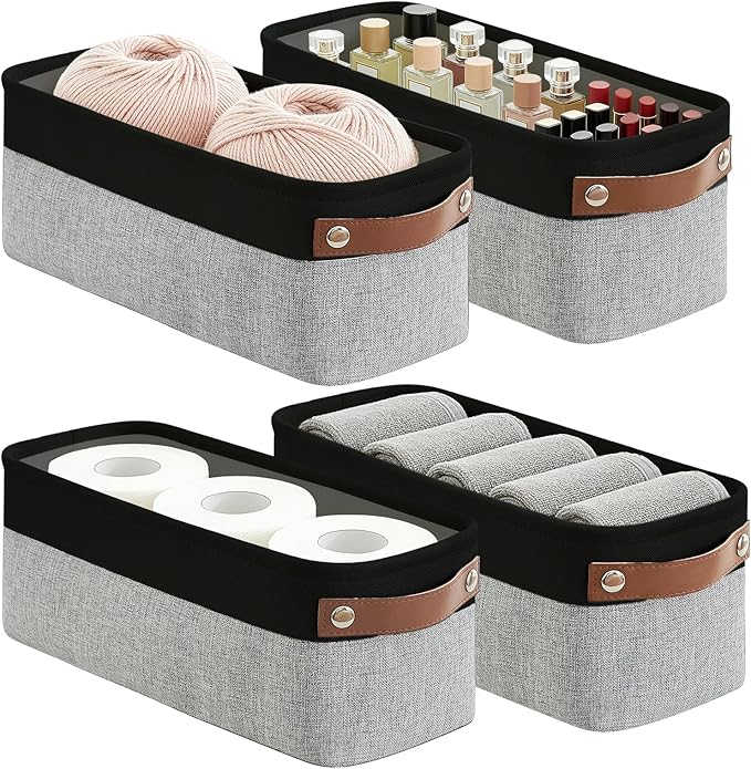 Bagnizer Small Fabric Storage Baskets, 15x6x5 inch Narrow Storage Bins 4-Pack Long Storage Basket for Organizing with Handles