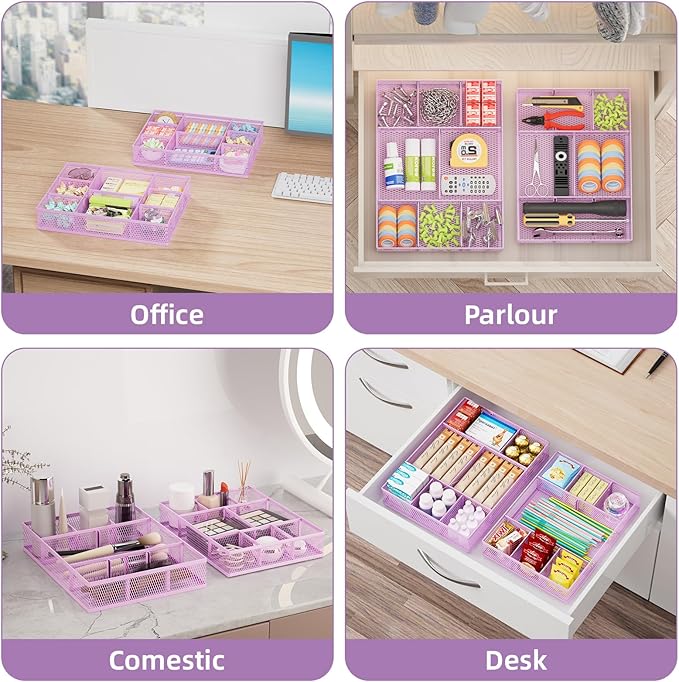 Marbrasse 2 Pack Desk Drawer Organizer, Mesh Drawer Organizer Tray with 8 Adjustable Compartments, Desk Organizers and Accessories, 5 Dividers Drawer for Office Supplies, Makeup & Vanity (Purple)
