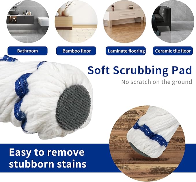 Silkyhose Self-Wringing Twist Mop Cotton Rotating Dry & Wet Mops with 2 Reusable Heads for Floor Cleaning Kitchen Bathroom Hardwood Vinyl Tile Laminate Household Office (White Style 2)