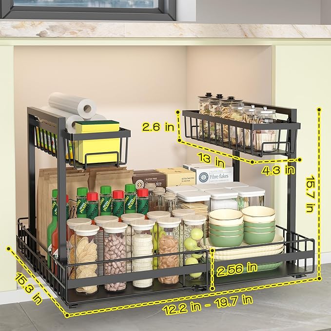 Expandable Under Sink Organizer 2-Tier Black Metal Storage Shelf