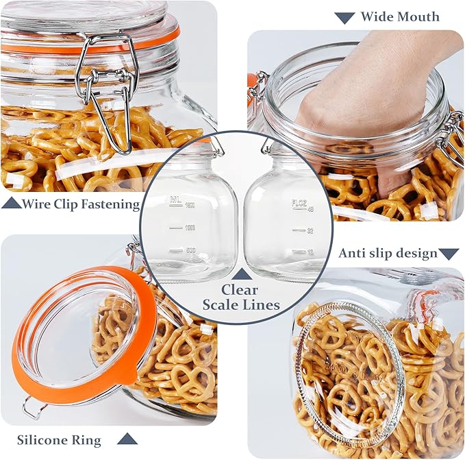 Large Glass Jars with Airtight Lid, 2 Pack Glass Food Storage Jars with 2 Scale Marks, Square Glass Canisters for Flour, Cereal, Coffee, Pasta
