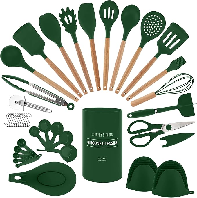 Country Kitchen Non Stick Silicone Utensil Set with Rounded Wood Handles for Cooking and Baking, 38 Piece Set, Green