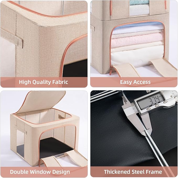 GuliPostan 3 Pack 66L Stackable Clothes Storage Bins with Metal Frame Handles & Zipper, Collapsible Closet Organizer Box with Lid for Bedding Blankets Towel (Beige)