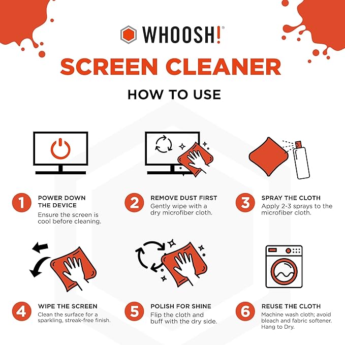 WHOOSH! Screen Shine Duo - Screen Cleaner Spray for iPad, Monitor, Laptop, MacBook - 3.4 oz & 0.3 oz Bottles with 2 Microfiber Cloths - Portable Electronic Cleaning Kit for Travel, Office, and Home