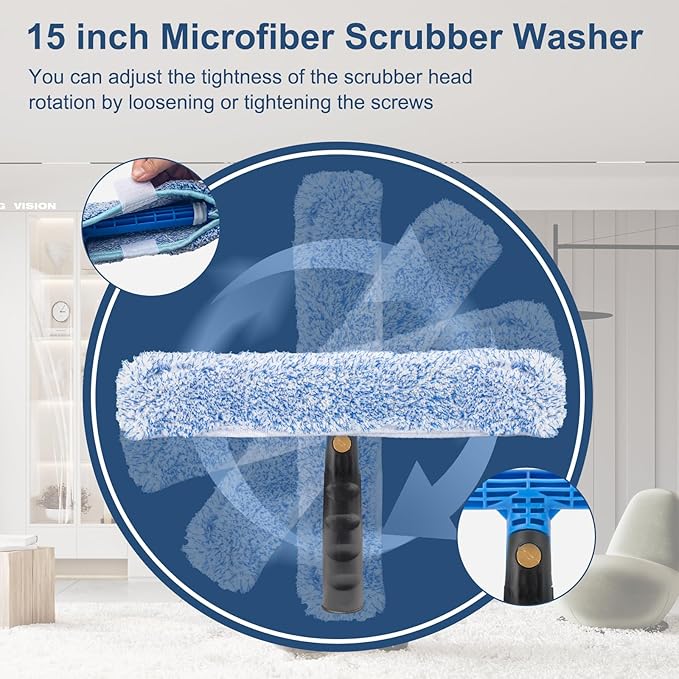 Professional Window Cleaning Kit, 14" Rubber Squeegee with 15" Microfiber Scrubber, Window Cleaning Tool for Home