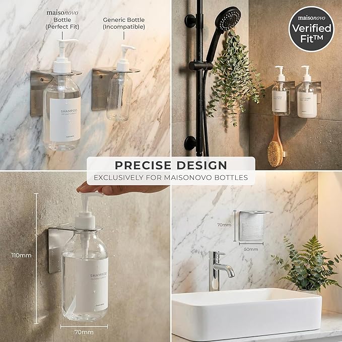 MAISONOVO Adhesive Soap Holder | Shampoo Bottle Holder Set of 2 - Silver | Soap Bottle Holder | Wall Mounted Soap Holder | Soap Dispenser Holder