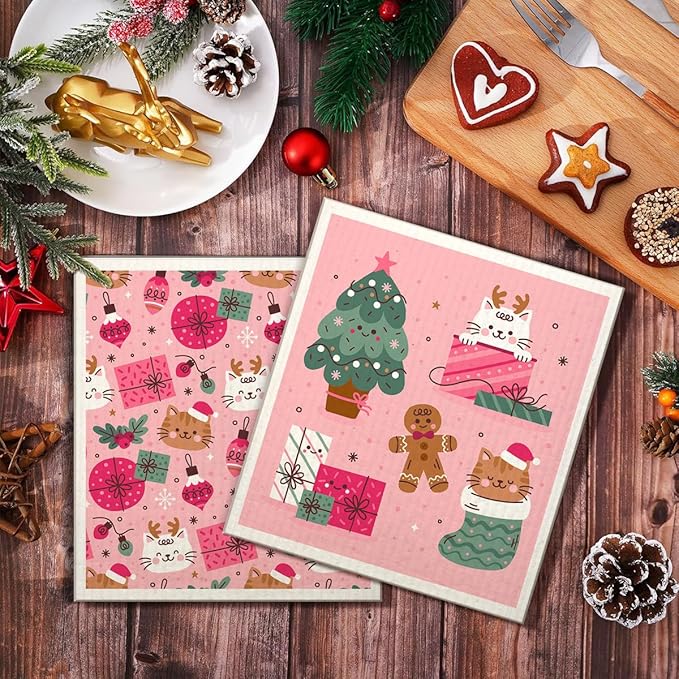 6 Pack Swedish Dishcloths for Kitchen |Watercolor Dish Towels | Reusable Paper Towels Washable | Non-Scratch Cellulose Sponge Cloths | No Odor, Biodegradable, Swedish Cloths, Pink Cat