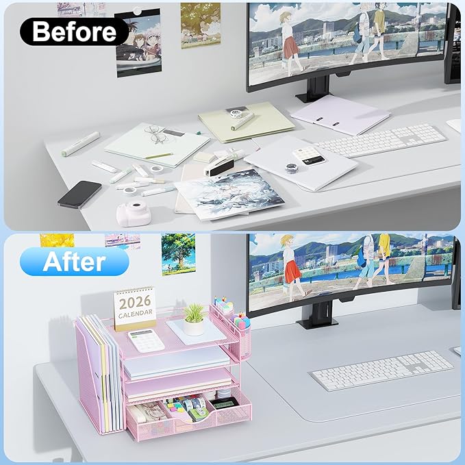 gianotter Desk Organizers and Accessories with File Holder, 4-Tier Desk Accessories & Workspace Organizers with Drawer and 2 Pen Holder