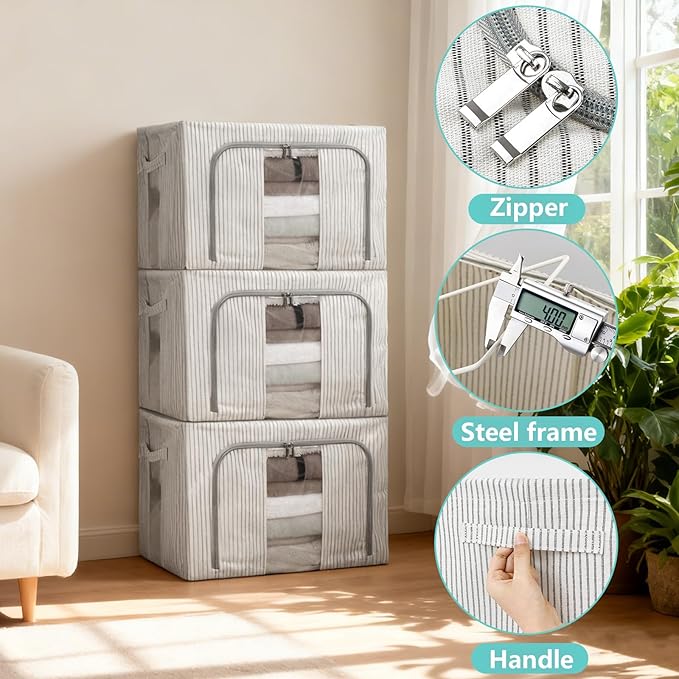 3 Pack Clothes Storage Bins, Foldable Metal Frame Storage Box with Lids,Stackable Linen Fabric Organizer Set with Carrying Handles,Zippers,and Clear Window (Grey Stripe, 66L)