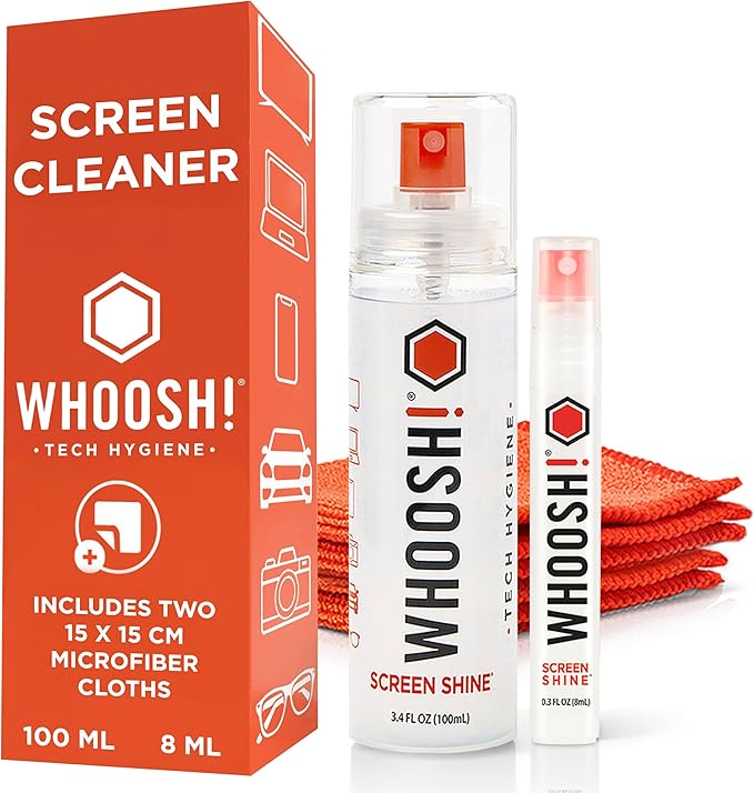 WHOOSH! Screen Shine Duo - Screen Cleaner Spray for iPad, Monitor, Laptop, MacBook - 3.4 oz & 0.3 oz Bottles with 2 Microfiber Cloths - Portable Electronic Cleaning Kit for Travel, Office, and Home
