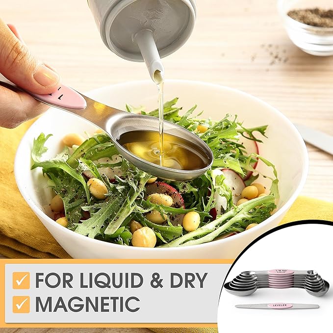Spring Chef Stainless Steel Magnetic Measuring Spoons Set of 8 with Leveler, Dual Sided Teaspoon & Tablespoon Measuring Spoons with Strong Magnets, Kitchen Gadgets for Baking & Cooking - Pink Lemonade