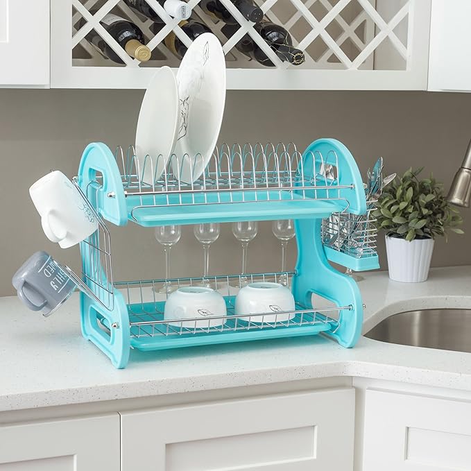 2 Tier Dish Drainer, by Home Basics (Turquoise) Dish Rack for Kitchen Counter, with Cutlery Holder and Cup Slots