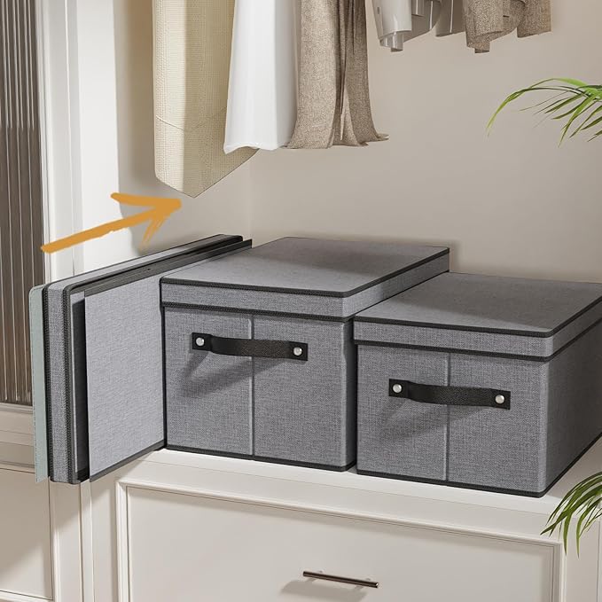 Storage Bin with Lid, 15 x 9.8 x 8.3 Inch Storage Box for Organizing with Handles, Decorative Linen Closet Organizer, Gray, 1-Pack