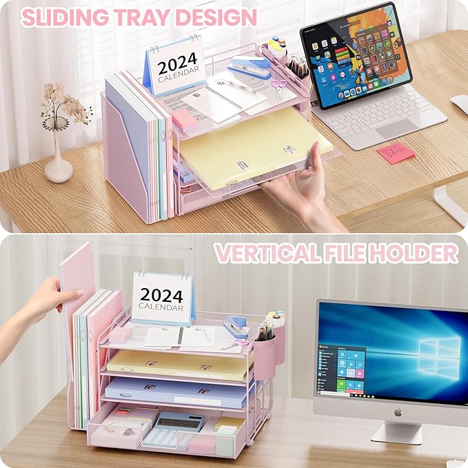 OPNICE Desk Organizer, 4-Tier Desktop File Organizer with Drawer and 2 Pen Holders, Office Desk Accessories, File Sorters