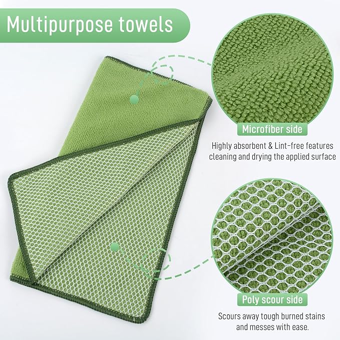 SINLAND Microfiber Dish Cloth for Washing Dishes Dish Washing Rags Best Kitchen Washcloth Cleaning Cloths Wash Cloths with Poly Scour Side 12Inchx12Inch 10 Pack Green